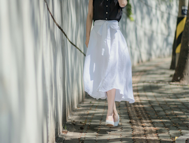 蝴蝶结绑带亚麻长裙