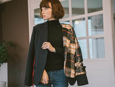 不规则格子纹毛料西装