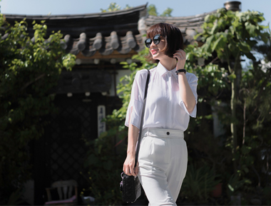 开衩五分袖白衬衫